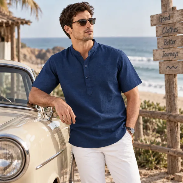 Navy_Blue_Hemp_Half_Sleeve_Short_Kurta_For_Men
