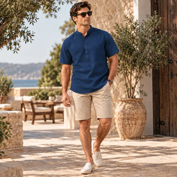Navy_Blue_Hemp_Half_Sleeve_Short_Kurta_For_Men