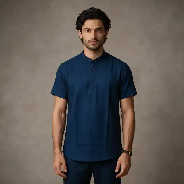 Navy_Blue_Hemp_Half_Sleeve_Short_Kurta_For_Men