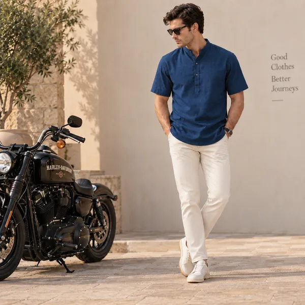 Navy_Blue_Hemp_Half_Sleeve_Short_Kurta_For_Men