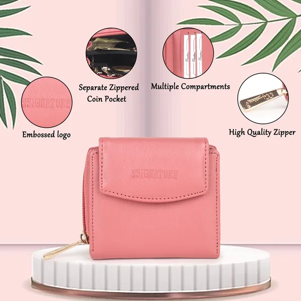 Signature_Pink_Faux_Leather_Tri_Fold_Zipper_Wallet_For_Women