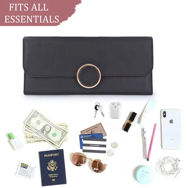 Signature_Black_Faux_Leather_Gold_Ring_Clutch_Wallet_For_Women