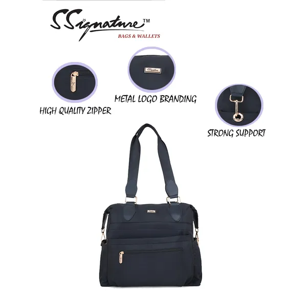 Signature_Black_Nylon_Multi_Compartment_Shoulder_Strap_Tote_Bag_For_Women
