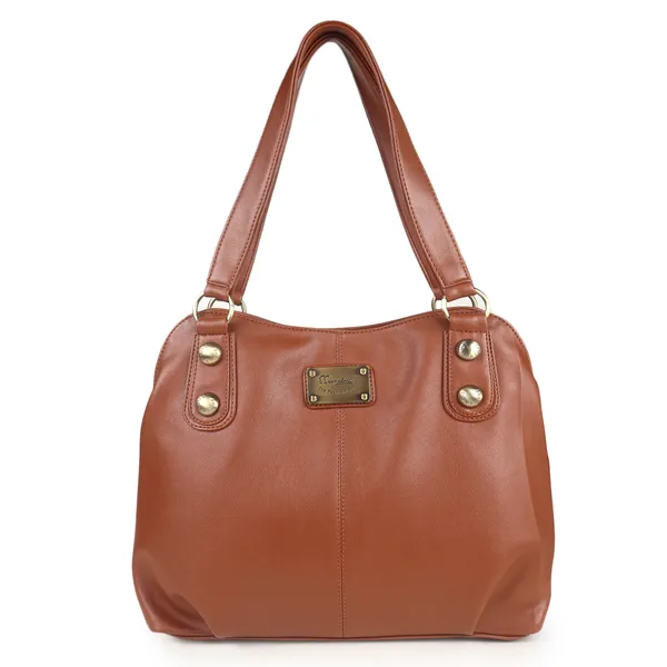 Signature_Tan_Brown_Faux_Leather_Classic_Handle_Handbag_For_Women