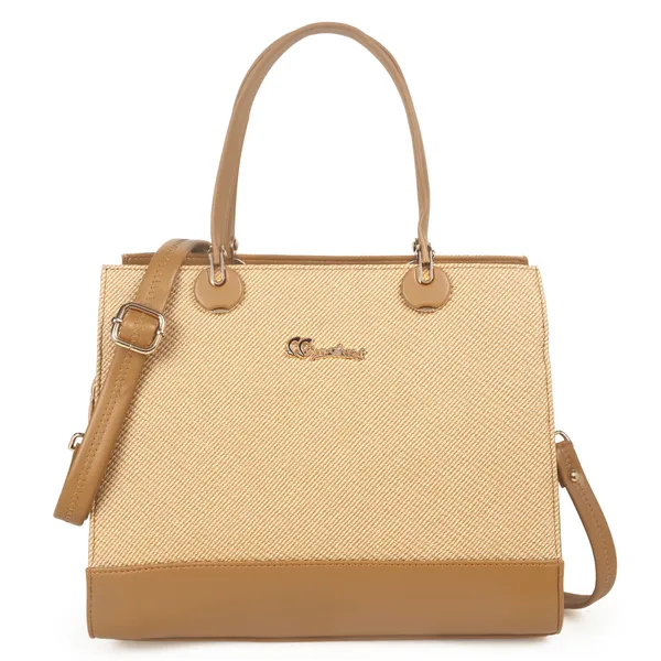 Signature_Beige_Two_Tone_Faux_Leather_Detachable_Strap_Handbag_For_Women