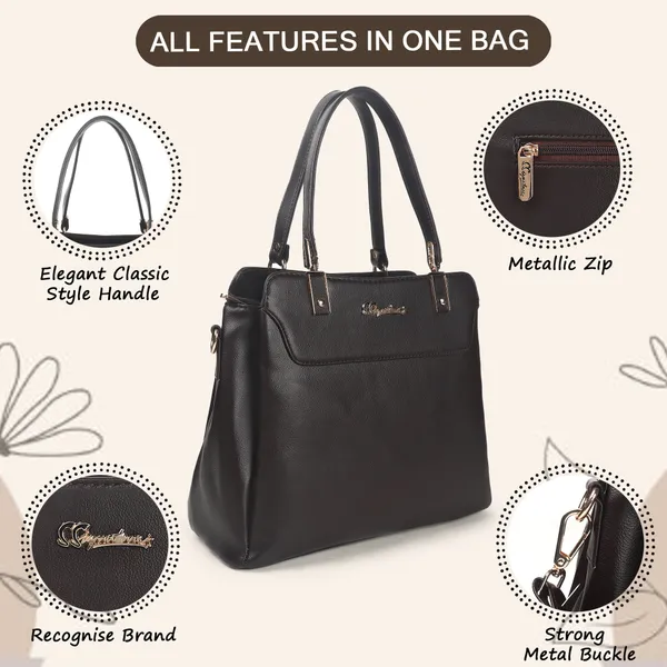 Signature_Black_Faux_Leather_Metallic_Zip_Detachable_Strap_Handbag_For_Women