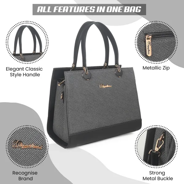 Signature_Grey_Textured_Faux_Leather_Metallic_Accent_Handbag_For_Women