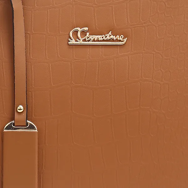 Signature_Tan_Brown_Faux_Leather_Buckle_Adjustable_Strap_Handbag_For_Women