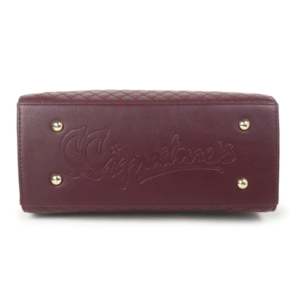 Signature_Maroon_Quilted_Faux_Leather_Metallic_Accent_Handbag_For_Women