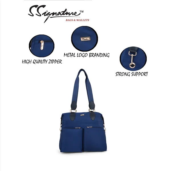 Signature_Navy_Blue_Faux_Leather_Multi_Pocket_Shoulder_Bag_For_Women