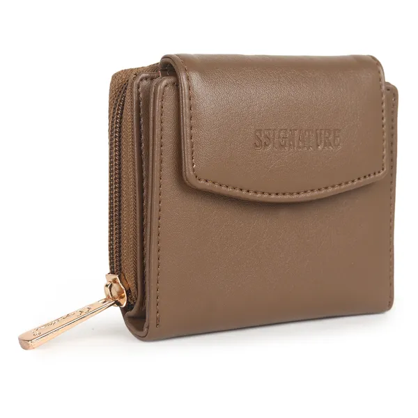 Signature_Brown_Faux_Leather_Tri_Fold_Zipper_Wallet_For_Women