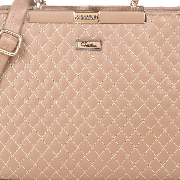 Signature_Beige_Quilted_Faux_Leather_Metallic_Zip_Handbag_For_Women