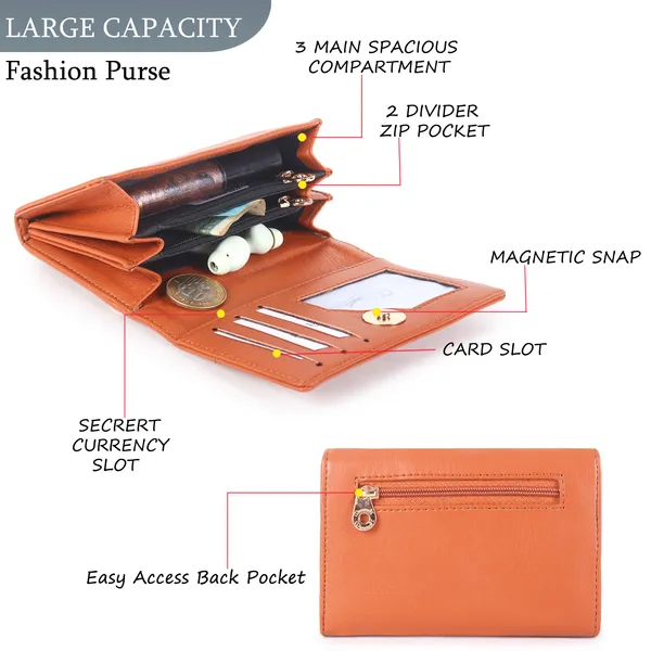 Signature_Coral_Orange_Faux_Leather_Tri_Fold_Compact_Wallet_For_Women