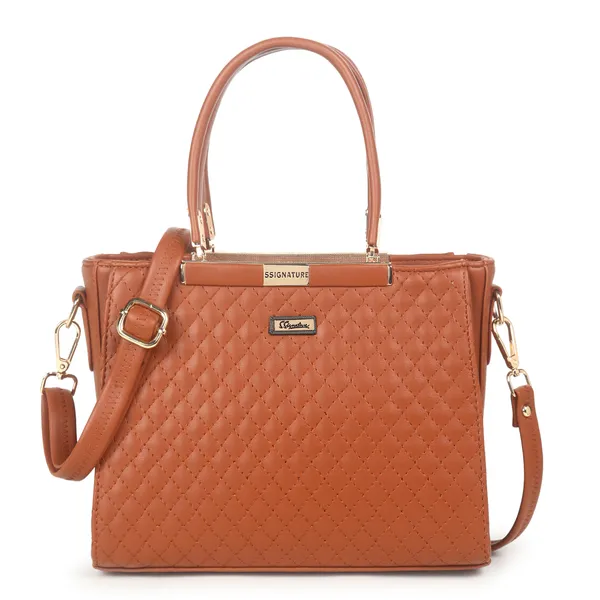 Signature_Brown_Textured_Faux_Leather_Metallic_Accent_Handbag_For_Women