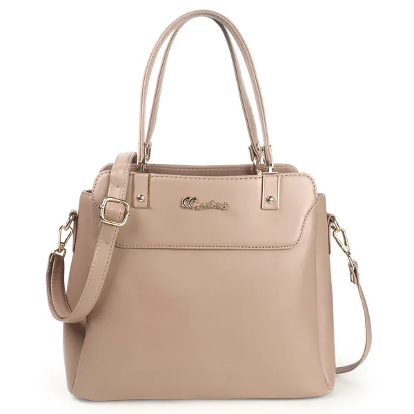 Signature_Beige_Faux_Leather_Structured_Metallic_Hardware_Handbag_For_Women