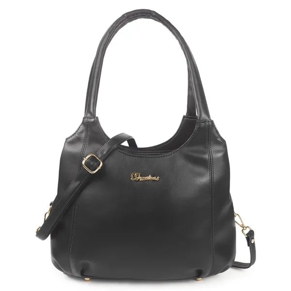 Signature_Black_Faux_Leather_Detachable_Strap_Shoulder_Handbag