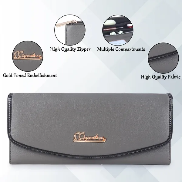Signature_Grey_Faux_Leather_Multi_Compartment_Long_Wallet_For_Women
