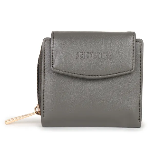 Signature_Grey_Faux_Leather_Zipper_Compact_Wallet