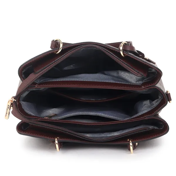 Signature_Brown_Faux_Leather_Multi_Compartment_Handbag_For_Women
