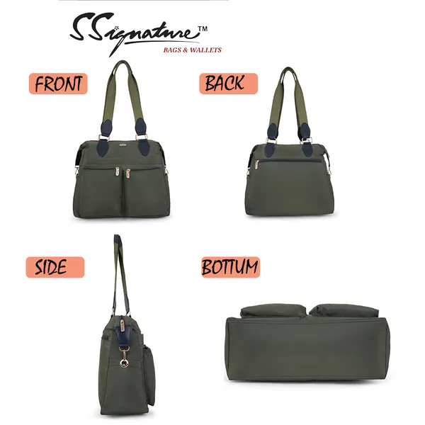 Signature_Olive_Green_Fabric_Multi_Pocket_Adjustable_Strap_Tote_Bag