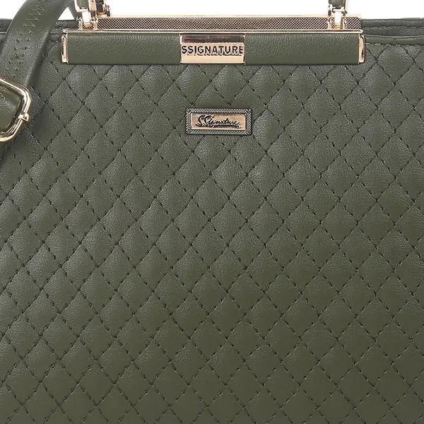 Signature_Olive_Green_Quilted_Faux_Leather_Metallic_Accent_Handbag_For_Women