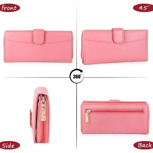 Signature_Pink_Faux_Leather_Zipper_Card_Slot_Long_Wallet_For_Women
