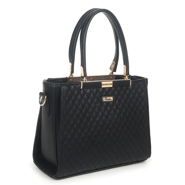 Signature_Black_Quilted_Faux_Leather_Gold_Hardware_Handbag_For_Women