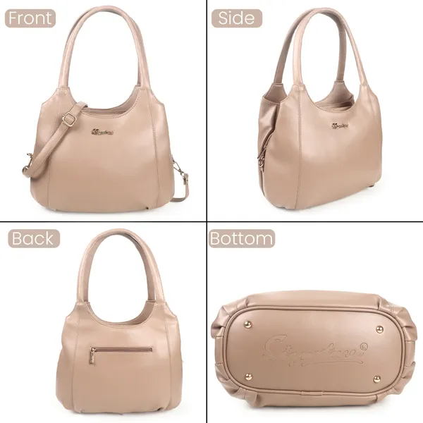 Signature_Beige_Leather_Metal_Logo_Shoulder_Handbag_For_Women
