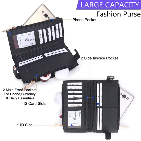 Signature_Black_Leather_Card_Slot_Zipper_Wallet_For_Women