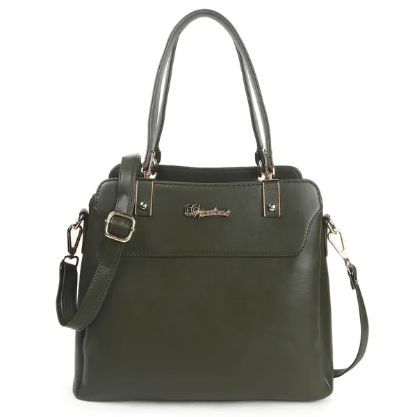 Signature_Olive_Green_Faux_Leather_Metallic_Hardware_Handbag