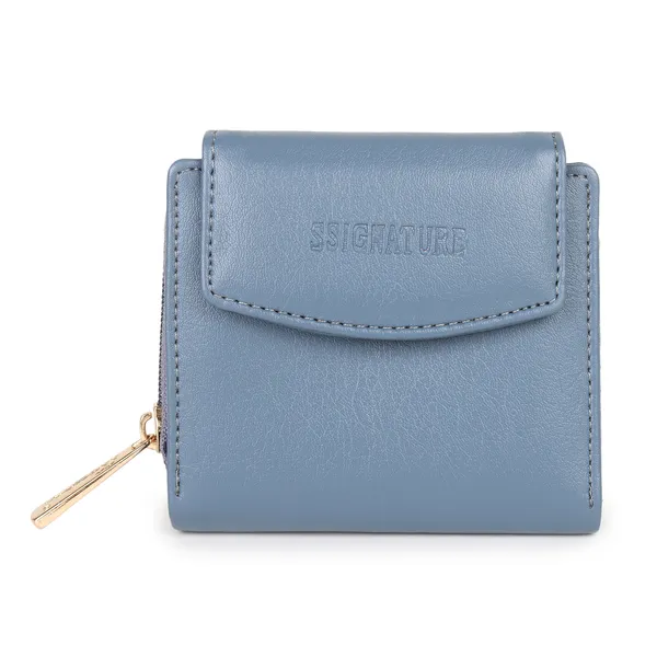Signature_Blue_Faux_Leather_Tri_Fold_Zipper_Wallet_For_Women
