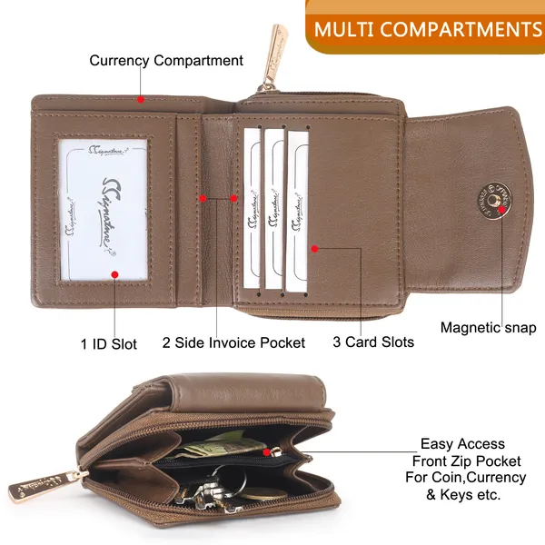 Signature_Brown_Faux_Leather_Tri_Fold_Zipper_Wallet_For_Women