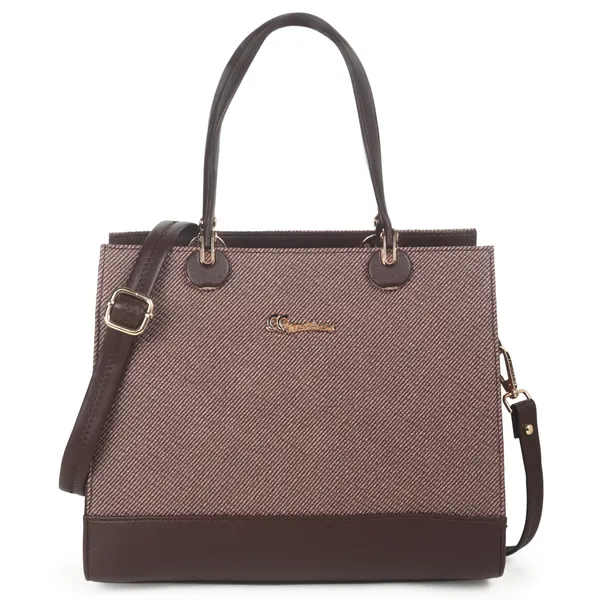 Signature_Brown_Two_Tone_Faux_Leather_Structured_Metal_Hardware_Handbag_For_Women