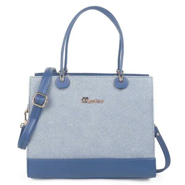 Signature_Blue_Two_Tone_Faux_Leather_Metallic_Hardware_Handbag_For_Women