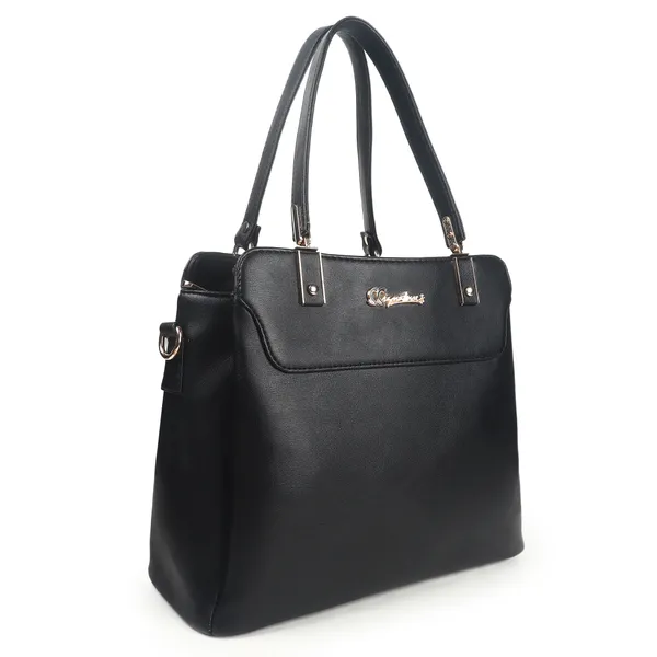 Signature_Black_Faux_Leather_Structured_Metal_Logo_Handbag