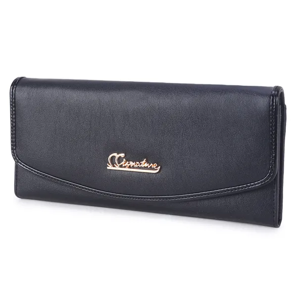 Signature_Black_Faux_Leather_Flap_Closure_Wallet_For_Women