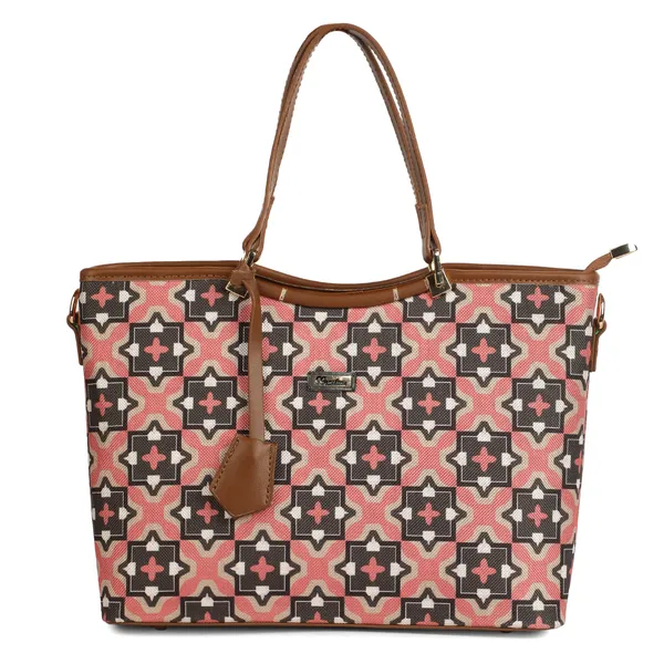 Signature_Pink_Fabric_Geometric_Print_Leather_Handle_Tote_Bag_For_Women