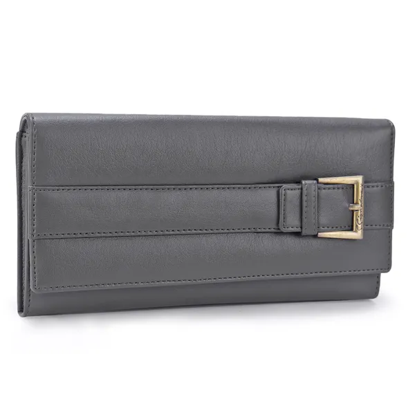 Signature_Grey_Faux_Leather_Buckle_Detail_Clutch_Wallet_For_Women