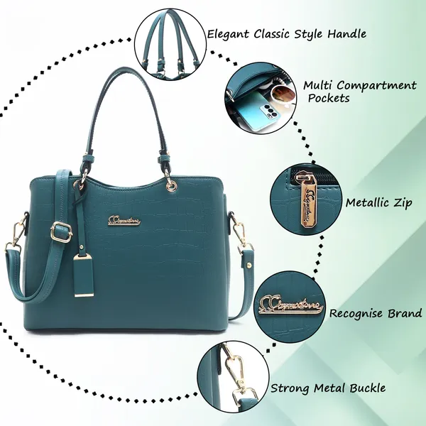 Signature_Teal_Faux_Leather_Multi_Compartment_Structured_Handbag_For_Women