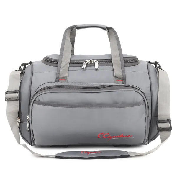 Signature_Grey_Fabric_Adjustable_Strap_Travel_Duffel_Bag_For_Men_And_Women