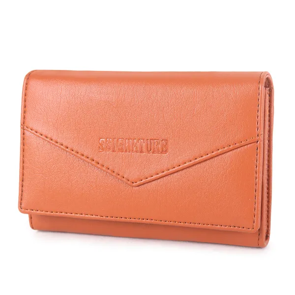 Signature_Coral_Orange_Faux_Leather_Tri_Fold_Compact_Wallet_For_Women
