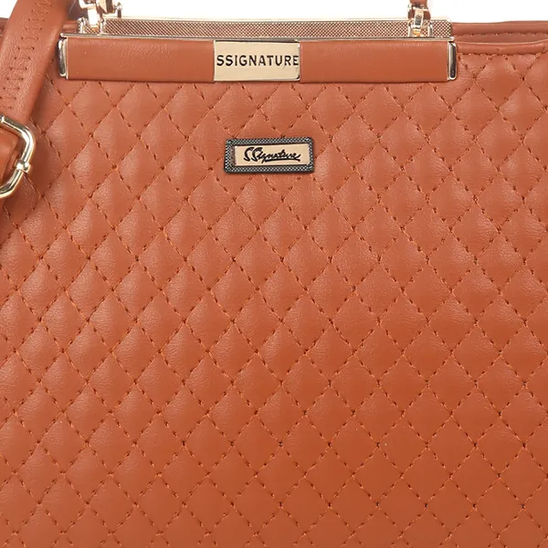 Signature_Brown_Textured_Faux_Leather_Metallic_Accent_Handbag_For_Women