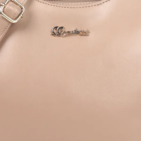 Signature_Beige_Leather_Metal_Logo_Shoulder_Handbag_For_Women