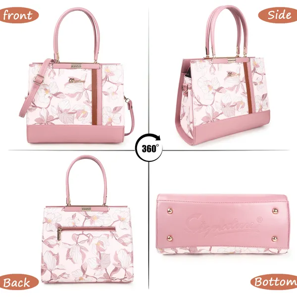 Signature_Pink_Floral_Faux_Leather_Classic_Handle_Handbag_For_Women