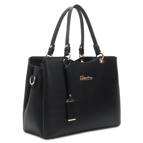 Signature_Black_Faux_Leather_Multi_Compartment_Handbag_For_Women