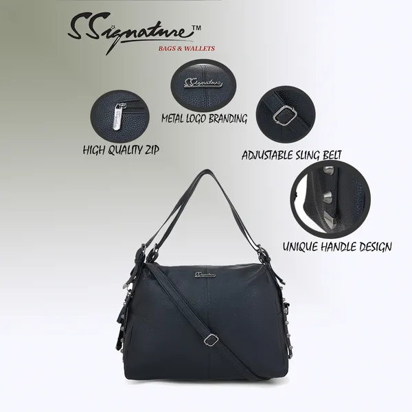Signature_Black_Faux_Leather_Metal_Logo_Adjustable_Strap_Shoulder_Bag_For_Women
