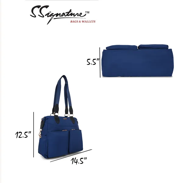 Signature_Navy_Blue_Faux_Leather_Multi_Pocket_Shoulder_Bag_For_Women