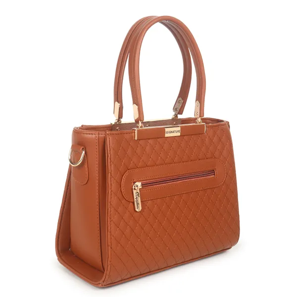 Signature_Brown_Textured_Faux_Leather_Metallic_Accent_Handbag_For_Women