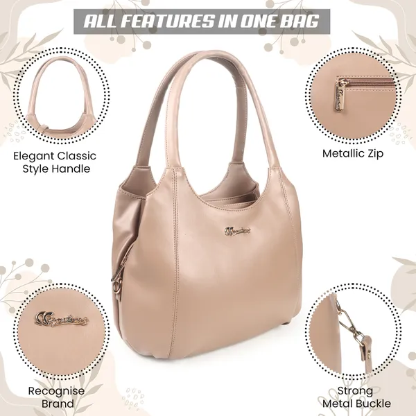 Signature_Beige_Leather_Metal_Logo_Shoulder_Handbag_For_Women