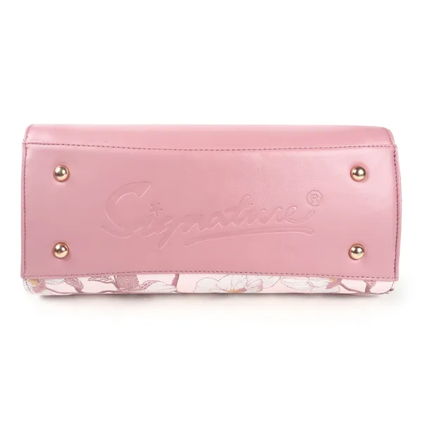 Signature_Pink_Floral_Faux_Leather_Classic_Handle_Handbag_For_Women